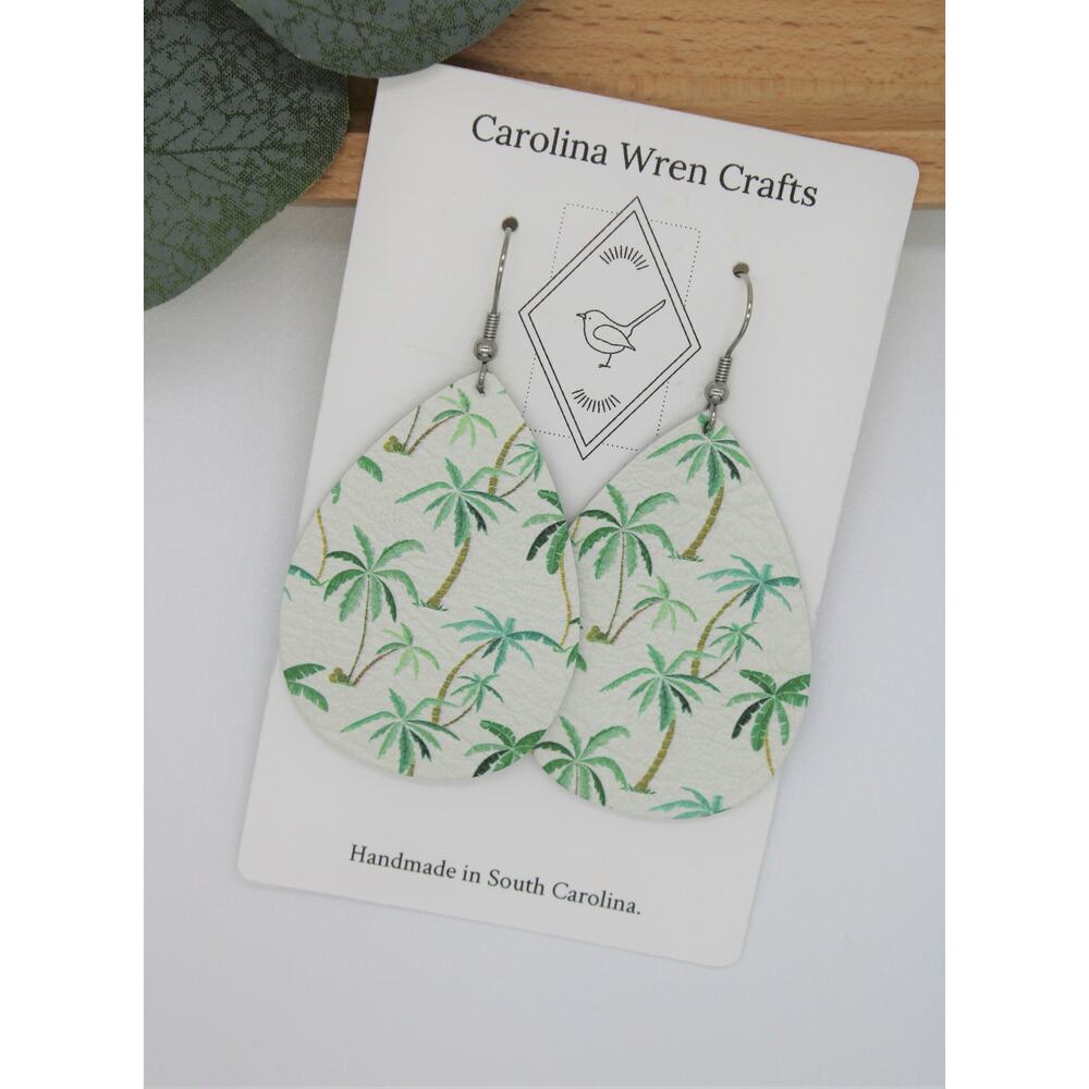 5/$25 Lightweight Genuine Leather Palm Tree Teardrop Beach Earrings
